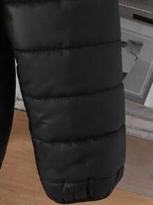 SHEIN Tween Girl 休闲连帽拉链长袖保暖内衬冬季派克大衣，适合通勤、上学、休闲、旅行、秋冬，黑色