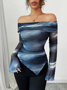 Selianne 女式露肩长袖简约T恤，适合日常休闲穿着，图案T恤，女式春季上衣