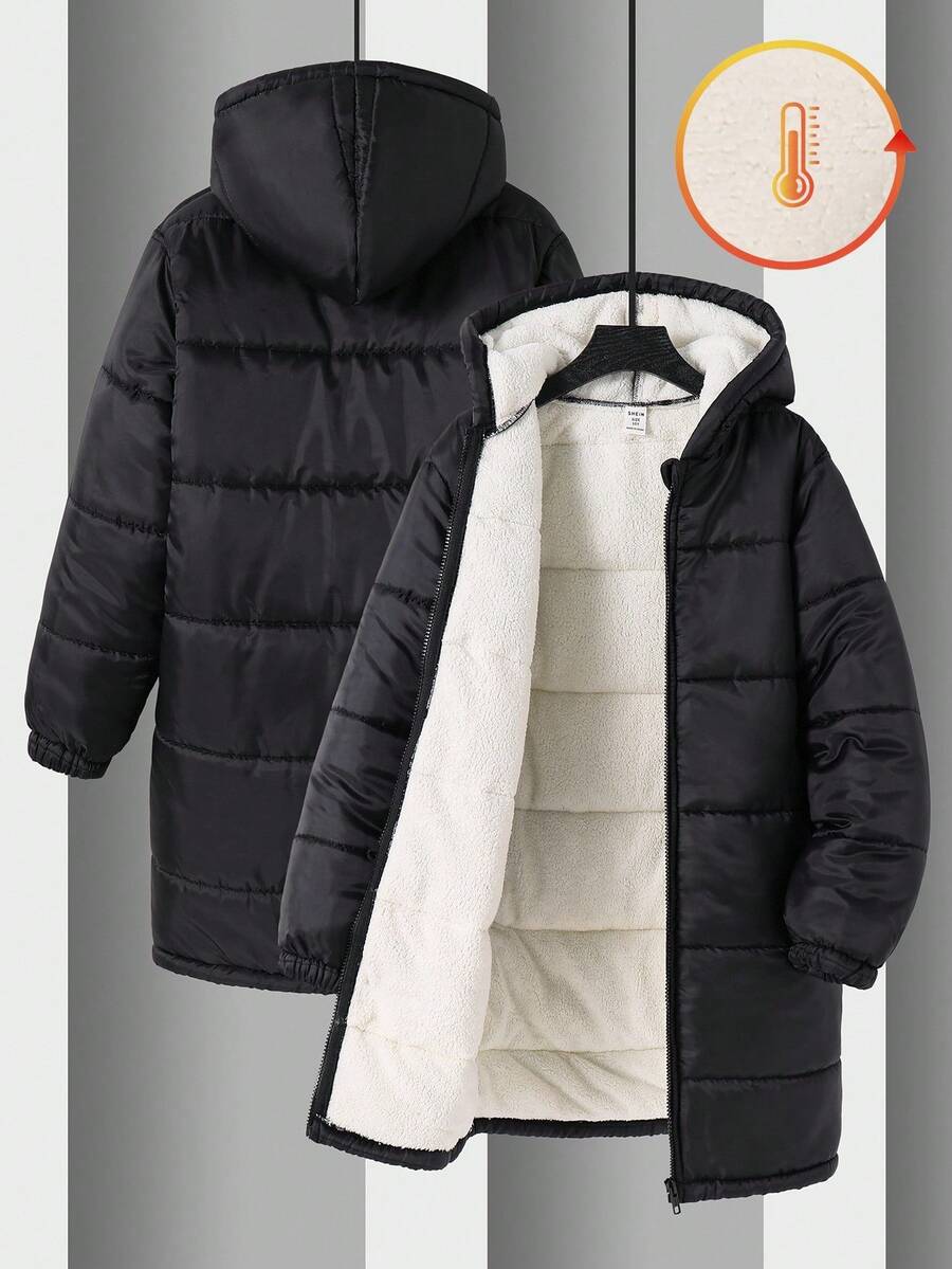 SHEIN Tween Boy Hooded Casual Thick & Versatile Mid-Length Jacket, Suitable For Autumn/Winter, Quilted Coat, Padded Coat, Winter Coat, Padded Coat, Down Coat, Parka Coat, Pockets