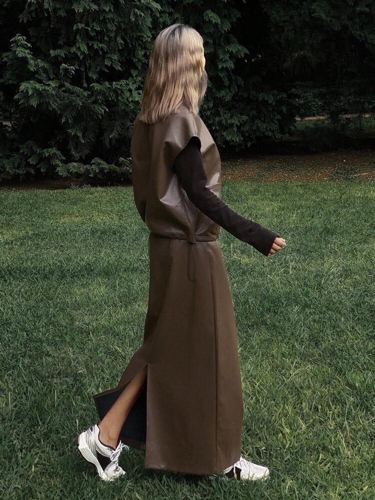 Women's Casual Street Style Solid Color Loose Lapel Sleeveless Drawstring Pocket PU Vest And Straight Skirt Two Pieces Set, Autumn/Winter