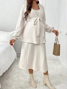 SHEIN 2件套孕妇休闲纯色纹理背心裙套装，秋季 - 杏色 - 查看 6