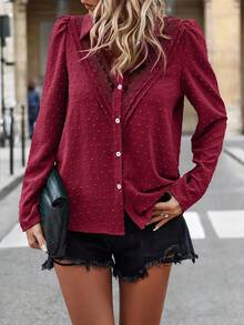 SHEIN LUNE 女士纯色撞色蕾丝泡泡袖优雅衬衫，春夏女士衬衫