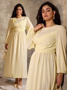 Flirla Große Größen Maxikleid für Damen, lässig-elegant, langärmlig, einfarbig in sanftem Gelb, französischer romantischer Stil, geeignet für Büro, Urlaub, Frühling/Herbst/Winter - Gelb - Übersicht 1
