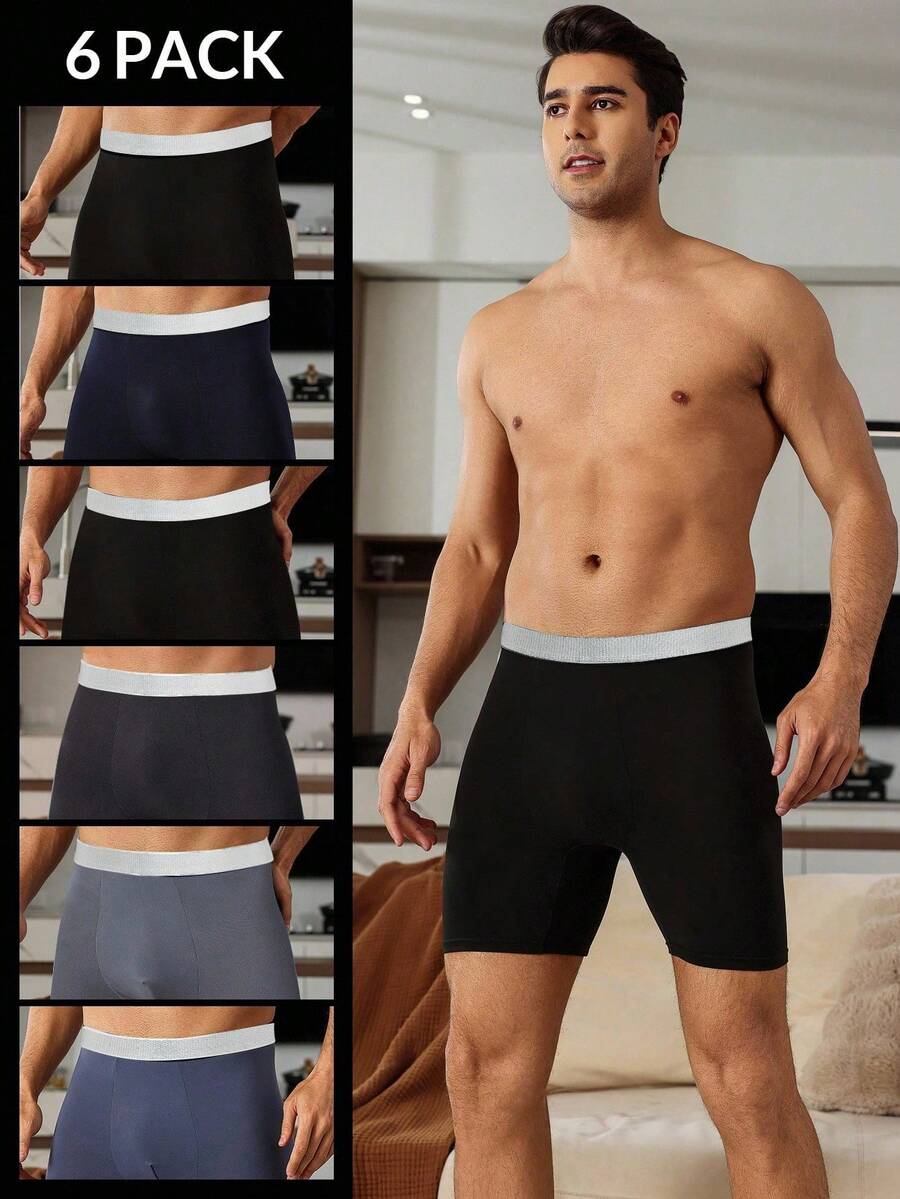 Manfinity Underwear&Sleepwear Basics 6pcs/Pack Men's Boxer Briefs, Sports Long Leg Underwear - Multicolor - View 1