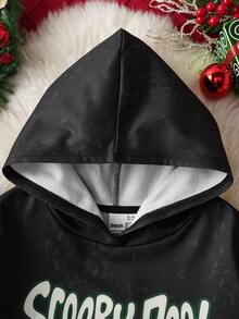 SCOOBY-DOO X SHEIN Sudadera con capucha suelta de hombros caídos con gráficos de dibujos animados y letras navideñas lindas para niñas preadolescentes