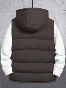 Manfinity Homme 1 件宽松男士拉链连帽羽绒背心外套，秋冬 - 咖啡棕 - 查看 2