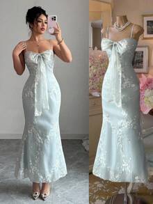 Elenzga 女式优雅无袖露肩蝴蝶结腰鱼尾刺绣网眼长裙，春夏 - 薄荷綠 - 查看 1