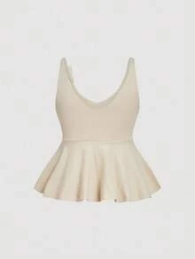 SHEIN MOD Plus Size Women Florals Decorative Doll Knit Top, Elegant Summer Beige Peplum Tops, Cute Casual Holiday Crochet Cream Top For Autumn/Winter Wear - Apricot - View 2