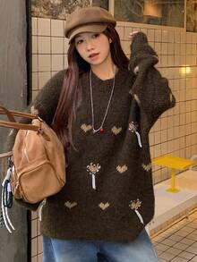 DAZY Women's Round Neck All-Over Heart Print Drawstring Pullover Casual Loose Long Sleeve Sweater Fall/Winter