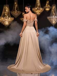 Glamrae 优雅奢华的串珠亮片露肩美人鱼礼服，搭配喇叭形长裙和拖尾，适合婚礼、派对、度假、庆典、正式活动（重度装饰） - 香檳色 - 查看 4