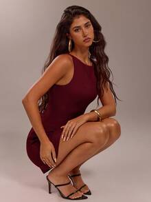 SHEIN Forever 21 女式纯色修身休闲无袖迷你连衣裙 - 酒紅色 - 查看 6