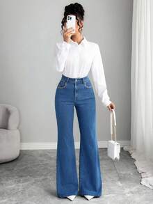 Elenzga 女式高腰口袋喇叭休闲百搭牛仔裤 - 藍色 - 查看 3