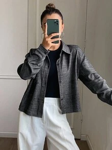 DAZY Camisa Casual Feminina de Manga Longa com Gola Virada, Cor Sólida de Linho, Outono - Chumbo - Visão 4