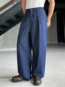 ESTAVOR 男士口袋条纹褶皱阔腿宽松休闲牛仔裤 - 藍色 - 查看 2