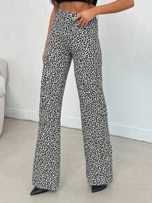 EURMUSE 100% Cotton MID RISE WIDEEG CUT LEOPARD JEAN - Multicolor - View 3