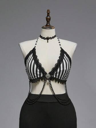 Plus Size Gothic Sexy Women's Gothic Black & White Striped Crystal Pendant Spaghetti Strap Bikini Tank Top, Vintage Plus Size Spaghetti Strap Tank Top For Autumn/Winter