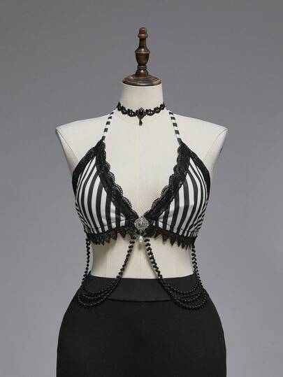 Débardeur bikini gothique sexy rayé noir et blanc avec pendentif en cristal pour femmes grandes tailles, débardeur vintage à bretelles fines pour grandes tailles pour l'automne/l'hiver