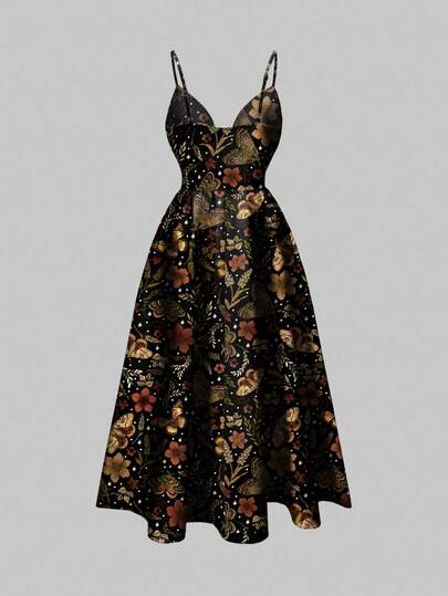Fairycore Romantic Bohemian Butterfly, Moth, Leaf Print Sleeveless Low-Cut Sexy Dress For Women, Suitable For Vacation