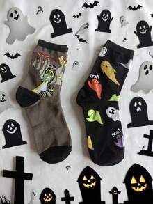 ROMWE Grunge Punk 2 Pairs Unisex Creative Halloween Mid-Calf Socks - Multicolor - View 1