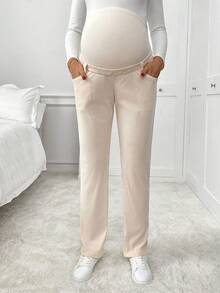 SHEIN Maternity Casual Peach Solid Color Adjustable Waist Pocket Pants,Autumn Comfy Clothing Pregnancy Pants,Winter Chic Clothes Going Home From Hospital - Apricot - View 6
