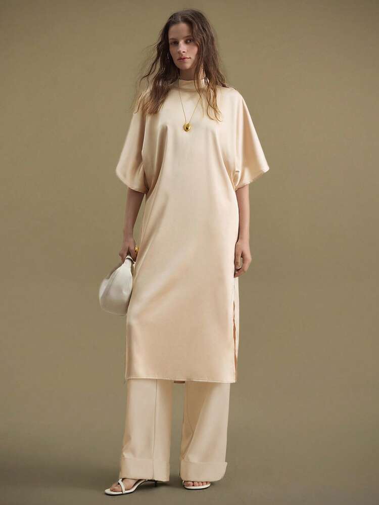 Women's Solid Color Stand Collar Loose Satin Split Dress Modern Urban Casual Fashion Business Casual Women's Office Wear Low-Key Old Money Style Effortless Temperament High-End Urban Commuting High-Quality Airport Women's Wear High-End Material Elegant And Intellectual Female Wedding Guest Dress Outfit And Beautiful French Slouchy High-End Sense Of Intelligence And Elegance Old Money Style Cruise Clothing Vacation Wear All-Season