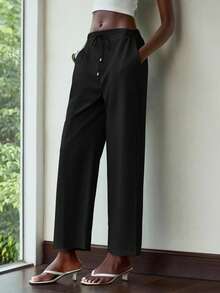 Lumivelle 女士简约通勤直筒宽松松紧腰裤 - 黑色 - 查看 5