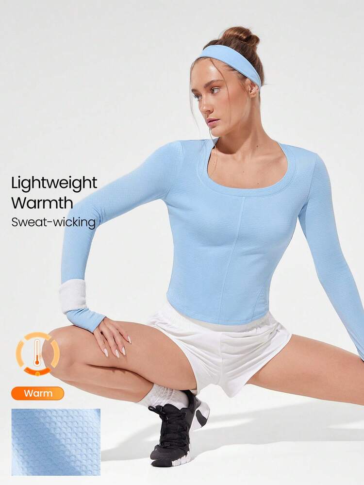 Elevate Your Energy Comfy Warm Reflective Logo Square Collar Waist Length Knit Long-Sleeve Top With Thumbholes Running Jogging Hiking Gym Training Daily Active Wear