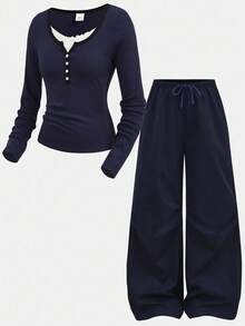 Girlism Teen Girls Navy Blue Ribbed Long Sleeve Mock Neck Contrast Trim Button Design Tight Fit Turtleneck Top And Wide Leg Pleated Pants Casual Street Chic Two Pieces Set Fall Winter