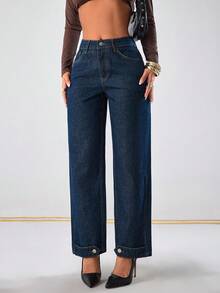 EURMUSE Hochbund Slim Straight Saum Detaillierte Jeans - Dunkle Waschung - Übersicht 2