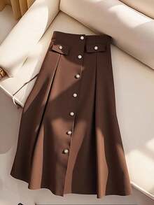 Franclia Plus Size Elastic Waist Button A-Line Long Black Skirt, Elegant Casual For Dates And Gatherings - Brown - View 3