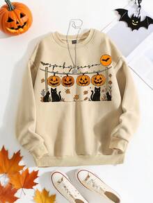 女士万圣节南瓜、可爱鬼魂、不给糖就捣蛋、怪异小动物、恐怖季节、秋季休闲简约圆领宽松基本款套头衫 - 卡其色 - 查看 4