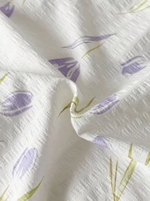 SHEIN 少女紫色郁金香印花简约设计长袖上衣和裤子两件套睡衣套装 - 紫色 - 查看 3