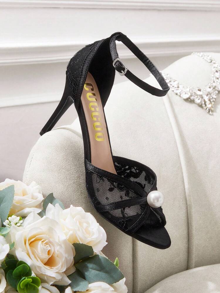 CUCCOO HITCHD Women's Black Peep Toe Lace Mesh Pearl Elegant Wedding Party High Heel Sandals For Christmas Elegant Shoes Wedding Shoes Summer Shoes Bride Shoes