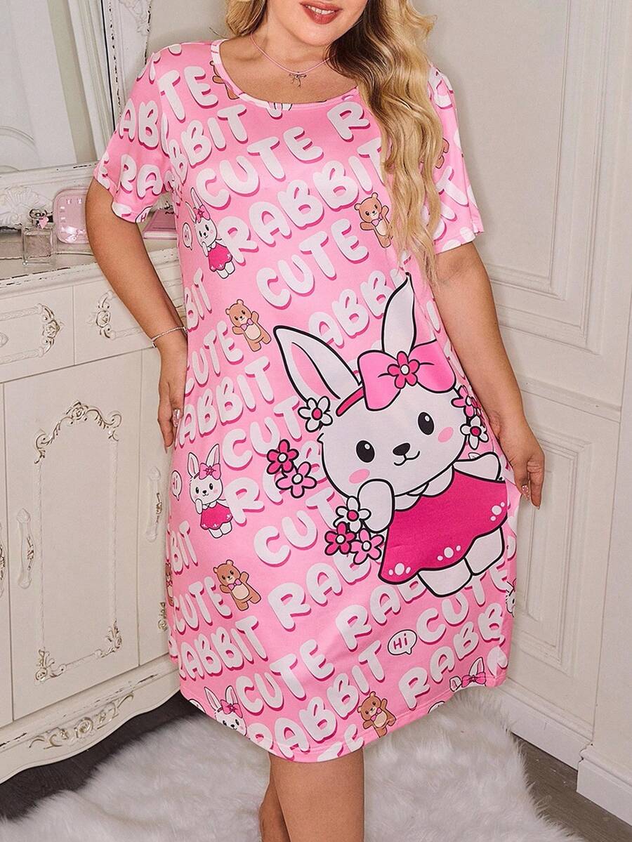 SHEIN Camisón de punto con diseño de conejo de dibujos animados para tallas grandes - Multicolor - Ver 1