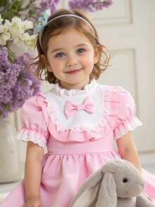 Souflis Souflis Vestido de dos piezas de encaje rosa con mangas abullonadas y gorro para niña pequeña, para uso diario y bodas, para primavera y verano - Multicolor - Ver 1