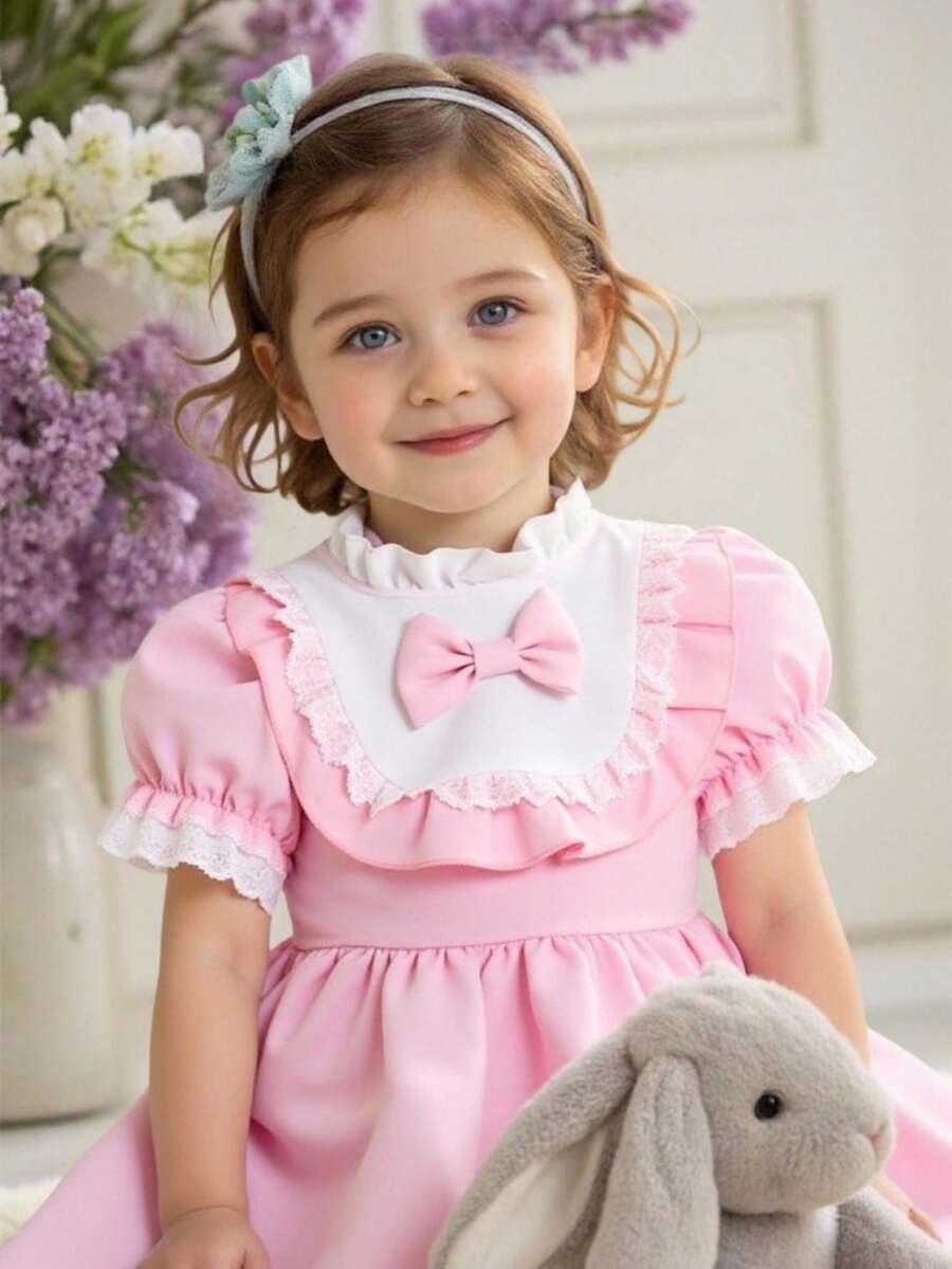Souflis Souflis Vestido de dos piezas de encaje rosa con mangas abullonadas y gorro para niña pequeña, para uso diario y bodas, para primavera y verano - Multicolor - Ver 1