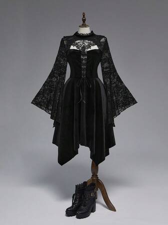 Große Größen Gothic Stil asymmetrischer Saum Spitze Glockenärmel Kleid, Gothic Party Abendkleid, Spitze Splice Krawatte Vorne Große Größen Herbstkleid, Abendkleid