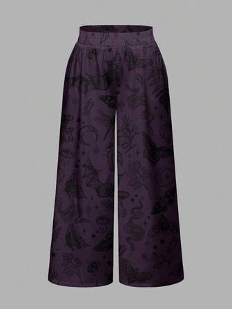 Pantalon ample à jambes larges avec imprimé gothique sombre d'Halloween, forêt, chauve-souris, crâne, champignon, soleil, lune, étoile, libellule, gemme, plante, serpent