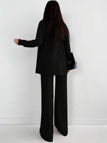 SHEIN Tall 高个女款三件套纯色圆领吊带背心+长袖外套+长裤休闲套装 黑色两件套 黑色三件套 - 黑色 - 查看 2