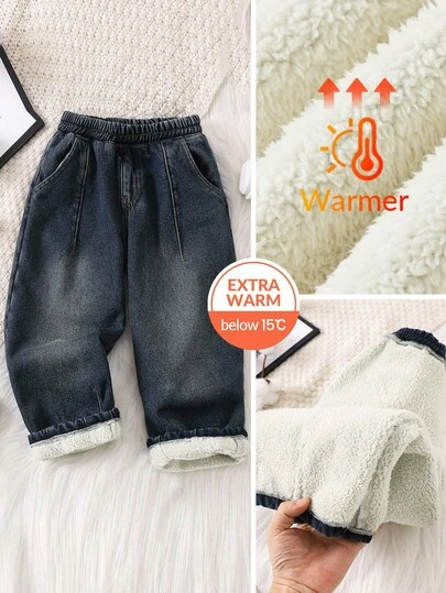 SHEIN Young Boy Fall/Winter Fashion Vintage Casual Soft Cute Basic Simple Style Dark Blue Denim Elastic Waist Loose Fit Thermal Lined Tapered Jeans,For Boys Costume Dailywear Fall/Winter ,Boys Streetwear,Young Boys Christmas,Boys Back-To-School And Night Out,Young Boys Jeans