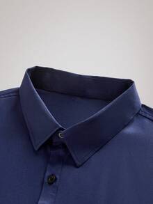 Officeau 男士纯色长袖单排扣休闲正装商务衬衫，藏蓝色，适合秋季和春夏穿着，尽显绅士风范。 - 藏蓝色 - 查看 4