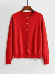 EMERY ROSE Loose Button-Up Round Neck Comfortable Solid Cardigan - Red - View 5