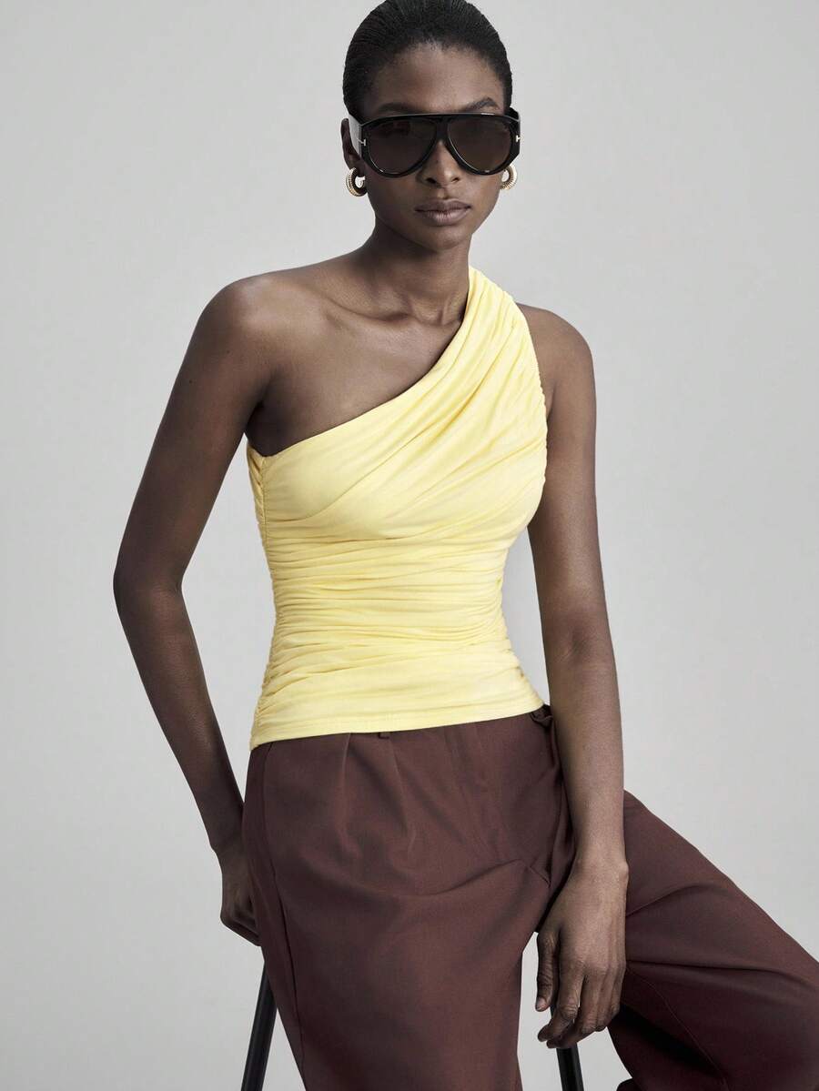 Ontre Women's Solid Color One Shoulder Asymmetric Ruched Backless Top, Versatile For Urban Commute, Business Casual, Office Wear, Teacher, Elegant For Christmas Party And Gathering