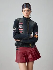 ROMWE Avant Vintage Distressed Retro Logo Denim Jacket And Coat For Women