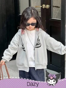 DAZY HELLO KITTY AND FRIENDS | SHEIN 少女拉链连帽羊毛印花卫衣，秋冬 - 淺灰色 - 查看 3