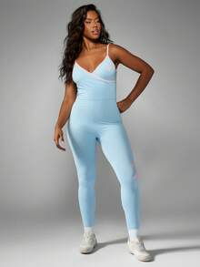 Missguided x Playboy 棉质全长修身连体裤经典 V 领芭蕾紧身衣连体长裤粉色兔子标志 Y2K 复古风格紧身衣家居服连体裤 - 藍色 - 查看 4