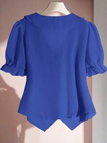 SHEIN Clasi Áo cánh bèo nhún màu trơn thanh lịch cỡ lớn, mùa hè - Xanh đậm - Xem 2