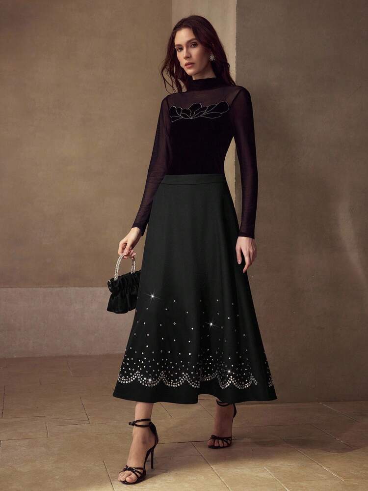 ELEGANT BLACK RHINESTONE EMBELLISHED FLARED SKIRT