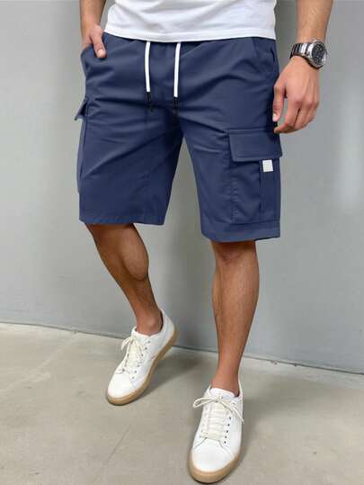 Manfinity Homme Men's Solid Color Elastic Waist Drawstring Pocket Cargo Shorts Mens Casual Shorts Mens Cargo Shorts Navy Blue Shorts Men Mens Navy Blue Cargo Shorts Men Shorts Pocket