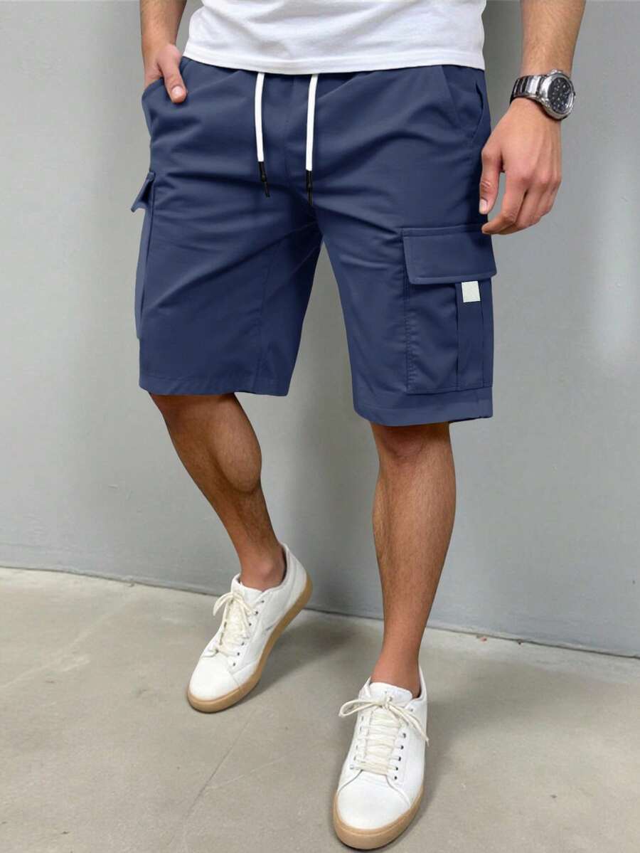 Manfinity Homme Quần short nam cạp chun co giãn màu trơn có túi - Màu xanh hải quân - Xem 1